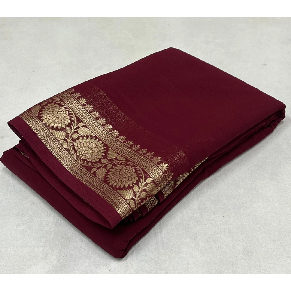 BSB98-SANW1009-Main-1000x1000-1.webp Generic Women's Crepe Chit Pallu Solid Saree With Unstitched Blouse 5.5Mtr (Maroon) - Image 1