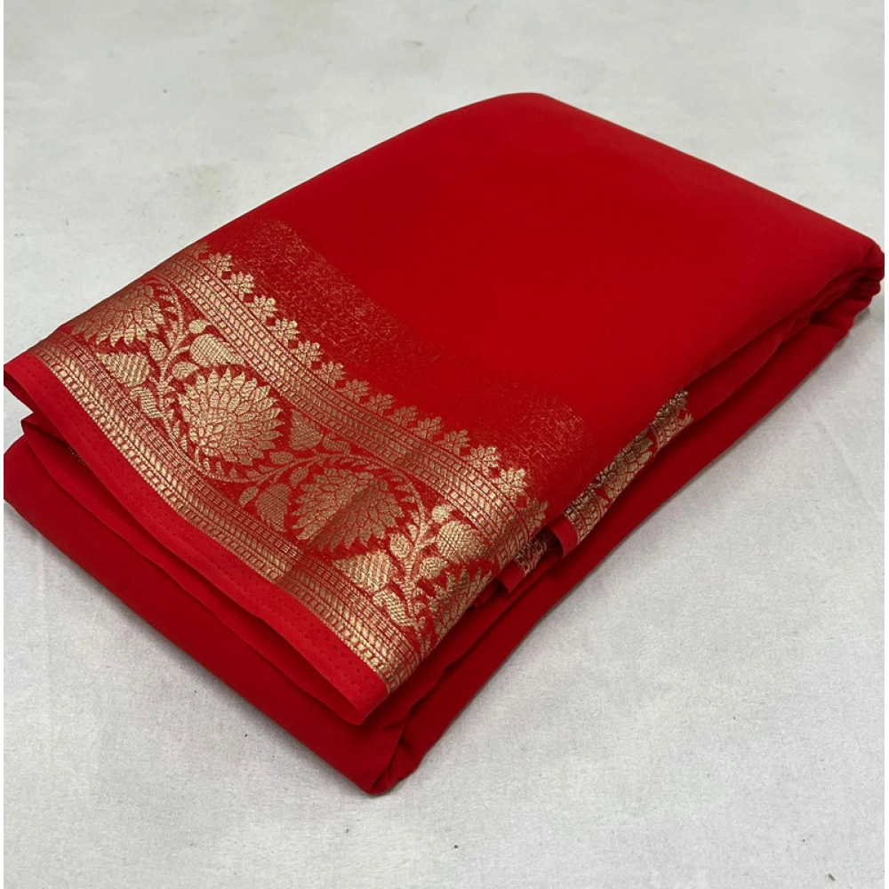 BSB98-SANW1015-Main-1000x1000-1.webp Generic Women's Crepe Chit Pallu Solid Saree With Unstitched Blouse 5.5Mtr (Red) - Image 1