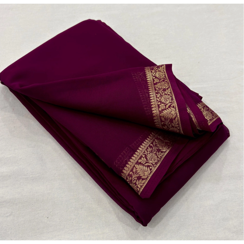 BSB98-SANW1017-Main-1000x1000-1.webp Generic Women's Crepe Chit Pallu Solid Saree With Unstitched Blouse 5.5Mtr (Wine) - Image 1