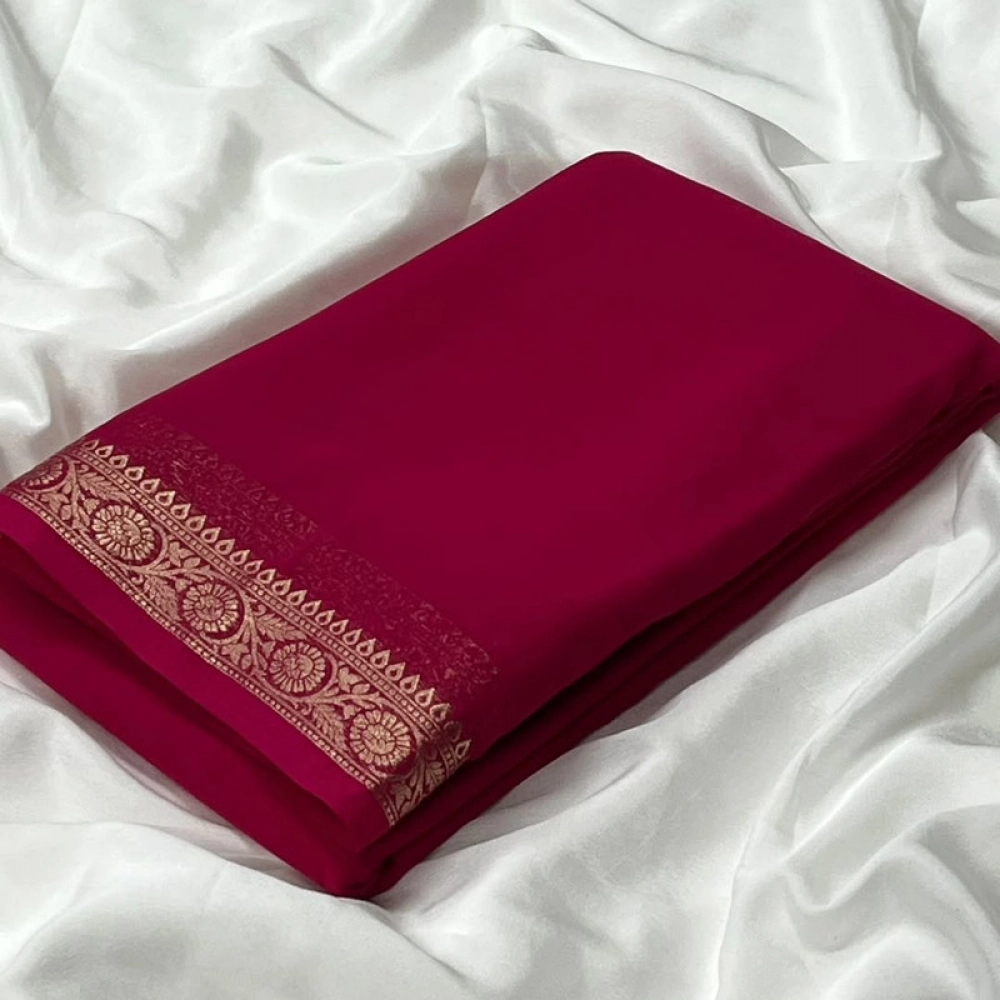 BSB98-SANW1033-Main-1000x1000-1.webp Generic Women's Crepe Chit Pallu Solid Saree With Unstitched Blouse 5.5Mtr (Pink) - Image 1