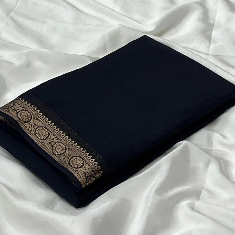 BSB98-SANW1041-Main-1000x1000-1.webp Generic Women's Crepe Chit Pallu Solid Saree With Unstitched Blouse 5.5Mtr (Black) - Image 1