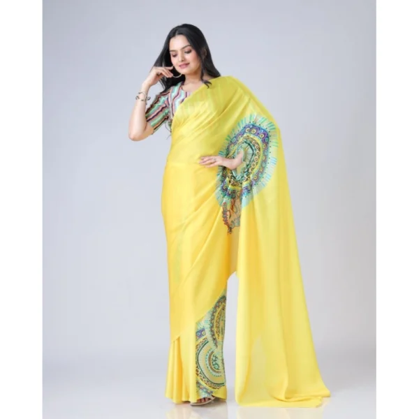 Generic Women's Soft Crepe Silk Printed Ready To Wear Saree With Unstitched Blouse 5.5Mtr (Yellow)