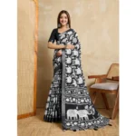 Generic Women's Silk Blend Printed Saree With Unstitched Blouse 5.5Mtr (Black)