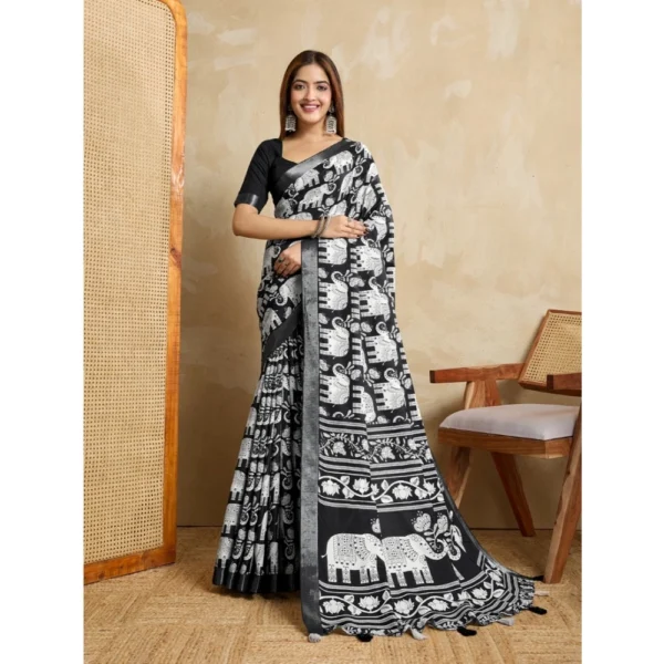 Generic Women's Silk Blend Printed Saree With Unstitched Blouse 5.5Mtr (Black)