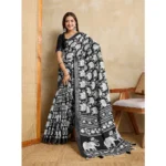 Generic Women's Silk Blend Printed Saree With Unstitched Blouse 5.5Mtr (Black) - Image 2