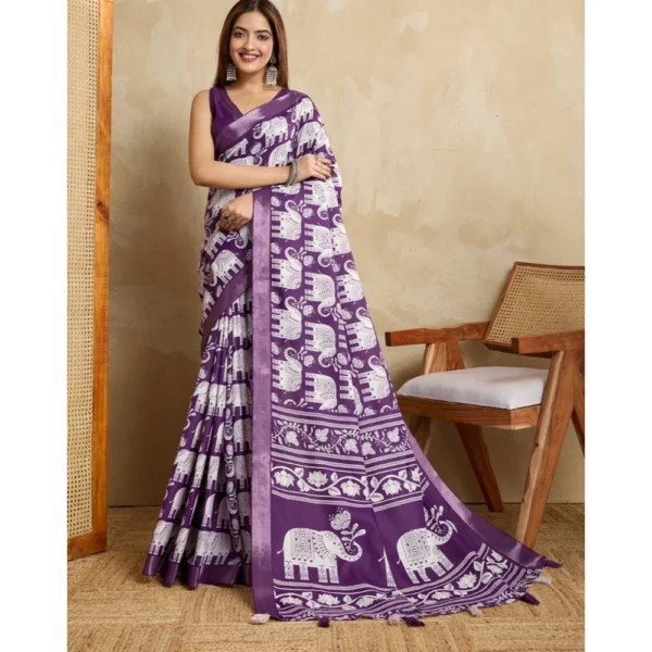 Generic Women's Silk Blend Printed Saree With Unstitched Blouse 5.5Mtr (Purple)