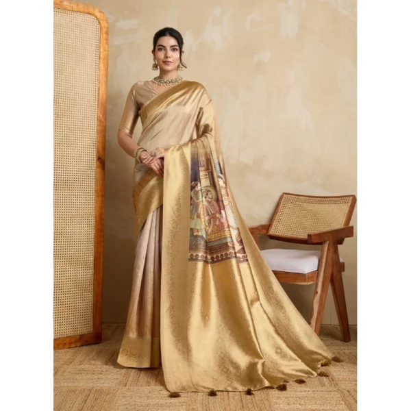 Generic Women's Silk Printed Saree With Unstitched Blouse 5.5Mtr (Gold)