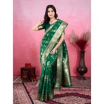 Generic Women's Banarasi Silk Printed Saree With Unstitched Blouse 5.5Mtr (Green) - Image 2
