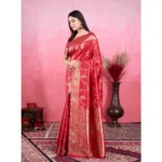 Generic Women's Banarasi Silk Printed Saree With Unstitched Blouse 5.5Mtr (Red) - Image 2