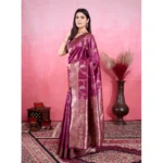 Generic Women's Banarasi Silk Printed Saree With Unstitched Blouse 5.5Mtr (Wine) - Image 3