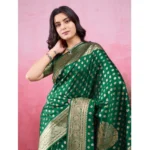 Generic Women's Banarasi Silk Printed Saree With Unstitched Blouse 5.5Mtr (Green) - Image 2