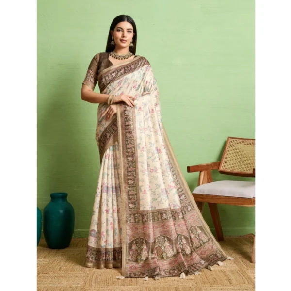 Generic Women's Silk Blend Printed Saree With Unstitched Blouse 5.5Mtr (Cream)