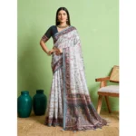 Generic Women's Silk Blend Printed Saree With Unstitched Blouse 5.5Mtr (Grey)