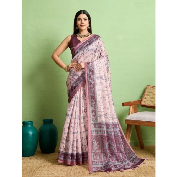 Generic Women's Silk Blend Printed Saree With Unstitched Blouse 5.5Mtr (Grey)
