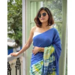 Generic Women's Linen Printed Saree With Unstitched Blouse 5.5Mtr (Blue) - Image 2