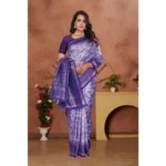Generic Women's Banarasi Silk Jaquard Woven Saree With Unstitched Blouse 5.5Mtr (Purple) - Image 4