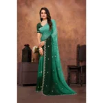 Generic Women's Chiffon Embroidred Saree With Unstitched Blouse 5.5Mtr (Dark Green) - Image 5