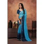 Generic Women's Chiffon Embroidred Saree With Unstitched Blouse 5.5Mtr (Light Blue) - Image 5