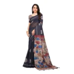 Generic Women's Linen Printed Saree With Unstitched Blouse 5.5Mtr (Black)