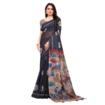Generic Women's Linen Printed Saree With Unstitched Blouse 5.5Mtr (Black) - Image 2