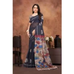 Generic Women's Linen Printed Saree With Unstitched Blouse 5.5Mtr (Black) - Image 5