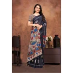 Generic Women's Linen Printed Saree With Unstitched Blouse 5.5Mtr (Black) - Image 3