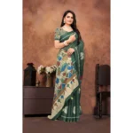 Generic Women's Linen Printed Saree With Unstitched Blouse 5.5Mtr (Dark Green) - Image 4