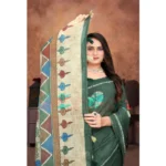 Generic Women's Linen Printed Saree With Unstitched Blouse 5.5Mtr (Dark Green) - Image 5