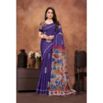 Generic Women's Linen Printed Saree With Unstitched Blouse 5.5Mtr (Purple) - Image 5