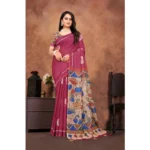 Generic Women's Linen Printed Saree With Unstitched Blouse 5.5Mtr (Purple)