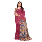 Generic Women's Linen Printed Saree With Unstitched Blouse 5.5Mtr (Purple) - Image 2