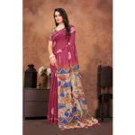 Generic Women's Linen Printed Saree With Unstitched Blouse 5.5Mtr (Purple) - Image 5