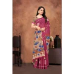 Generic Women's Linen Printed Saree With Unstitched Blouse 5.5Mtr (Purple) - Image 3