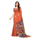Generic Women's Linen Printed Saree With Unstitched Blouse 5.5Mtr (Red) - Image 2