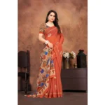 Generic Women's Linen Printed Saree With Unstitched Blouse 5.5Mtr (Red) - Image 3