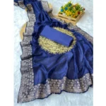 Generic Women's Silk Embroidred Saree With Unstitched Blouse 5.5Mtr (Blue)