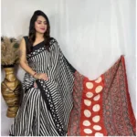 Generic Women's Satin Printed Saree With Unstitched Blouse 5.5Mtr (Black)