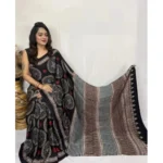 Generic Women's Satin Printed Saree With Unstitched Blouse 5.5Mtr (Black)