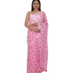 Generic Women's Linen Printed Saree With Unstitched Blouse 5.5Mtr (Pink) - Image 2