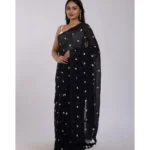 Generic Women's Linen Printed Saree With Unstitched Blouse 5.5Mtr (Black)