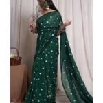 Generic Women's Linen Printed Saree With Unstitched Blouse 5.5Mtr (Green)