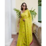 Generic Women's Linen Printed Saree With Unstitched Blouse 5.5Mtr (Light Green)