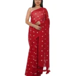 Generic Women's Linen Printed Saree With Unstitched Blouse 5.5Mtr (Red) - Image 2