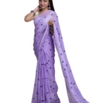 Generic Women's Linen Printed Saree With Unstitched Blouse 5.5Mtr (Purple) - Image 2