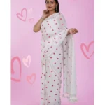 Generic Women's Linen Printed Saree With Unstitched Blouse 5.5Mtr (White)