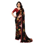 Generic Women's Georgette Printed Saree With Unstitched Blouse 5.5Mtr (Black)