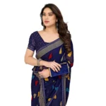 Generic Women's Georgette Printed Saree With Unstitched Blouse 5.5Mtr (Navy Blue) - Image 2