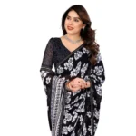 Generic Women's Georgette Printed Saree With Unstitched Blouse 5.5Mtr (Black) - Image 2