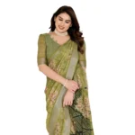 Generic Women's Georgette Printed Saree With Unstitched Blouse 5.5Mtr (Green) - Image 2