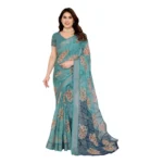 Generic Women's Georgette Printed Saree With Unstitched Blouse 5.5Mtr (Turquoise Green)